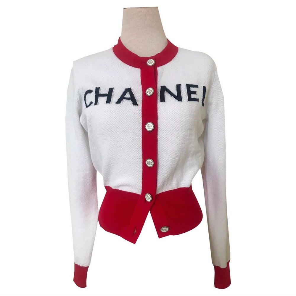 Cha nel cotton white/red crop cardigan